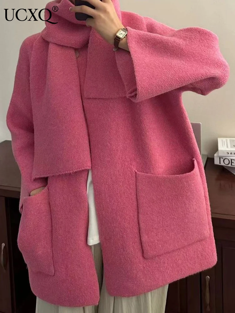 

UCXQ Korea Chic Women Scarf Patchwork Cardigan Sweater High Quality Multi-pocket Long Sleeve O-neck Sweater Autumn 2023 23A4494