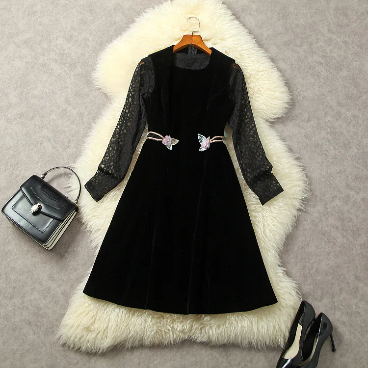 

New European and American women's wear for winter 2022 Long sleeve mesh T-shirt Fashion sleeveless velvet dress two-piece