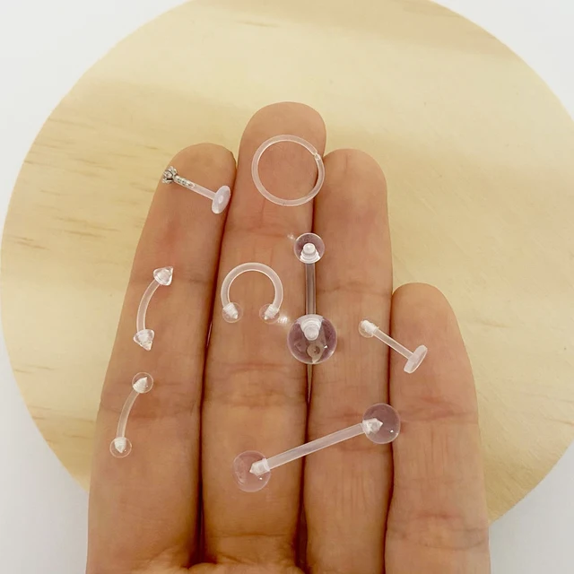 Invisible Clear Plastic Curved Barbell. Transparent In Colour Ear, Lip, Eyebrow Piercing For Work Or School. Acrylic Post With Screw On End - Foto 11