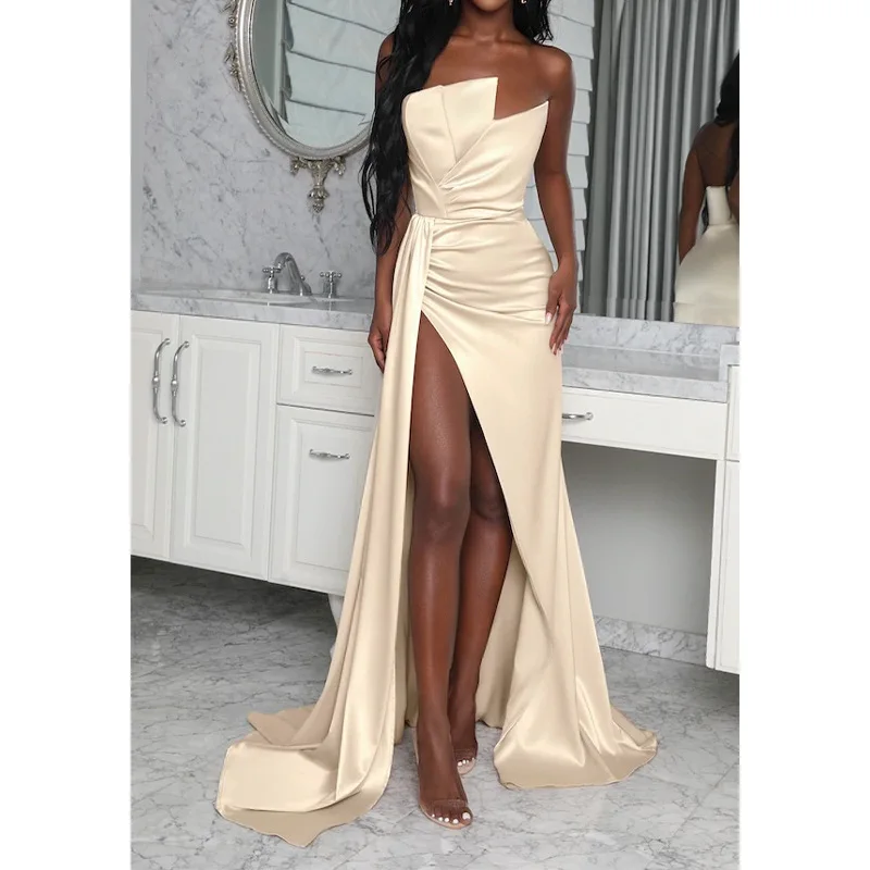 

Evening Dresses Long Luxury 2022 Champagne Tube Top Sexy Side Slits Floor Length for Woman Wedding Party Guest Dresses 2022