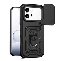 Shockproof Slide Camera Cover with Ring Stand Holder - Protective Phone Case for Honor 600 (Black)