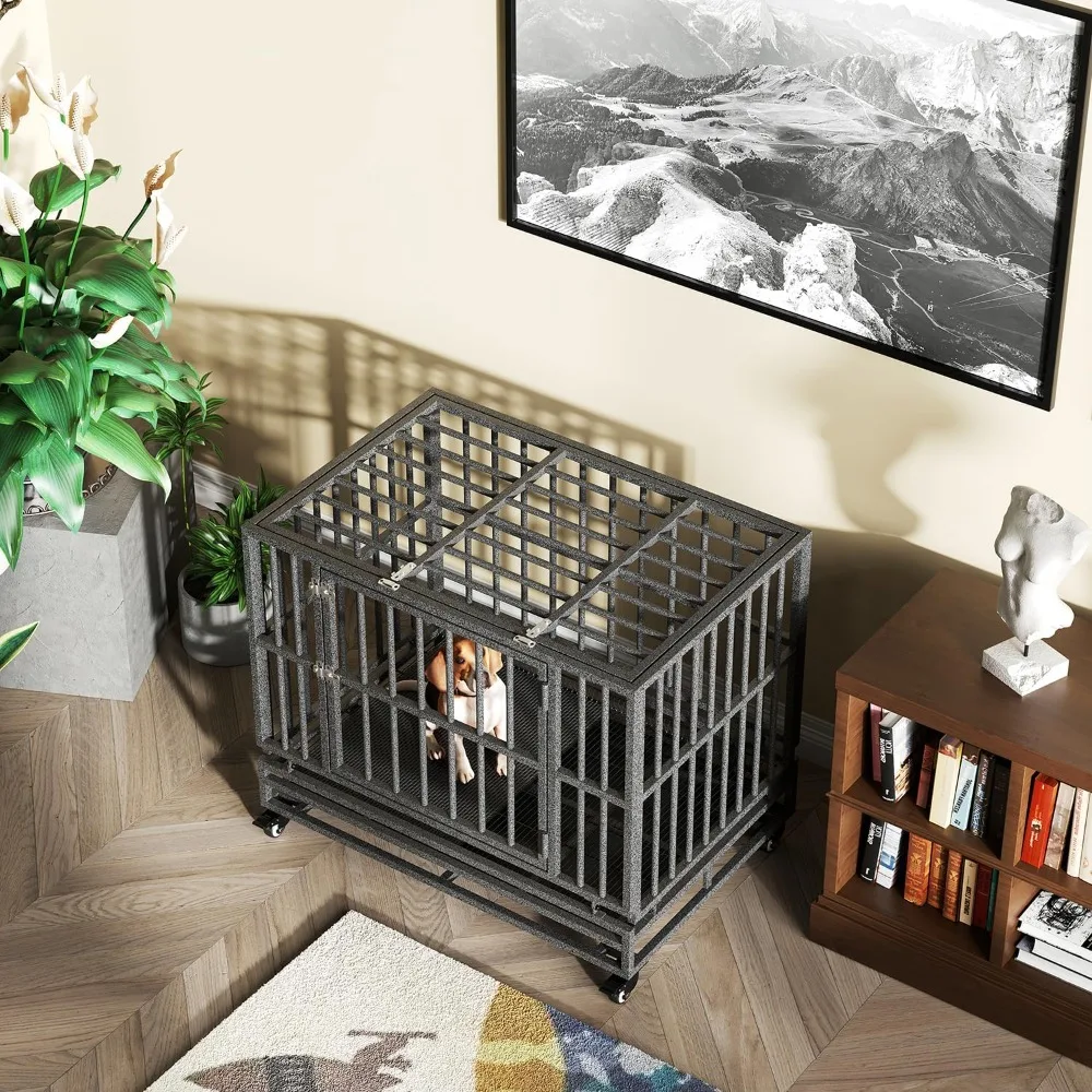 Luckyberry 38/42/46 inch Heavy Duty Extra Large Indestructible Dog Crate Kennel Indoor with Separation Anxiety Lockable Wheels