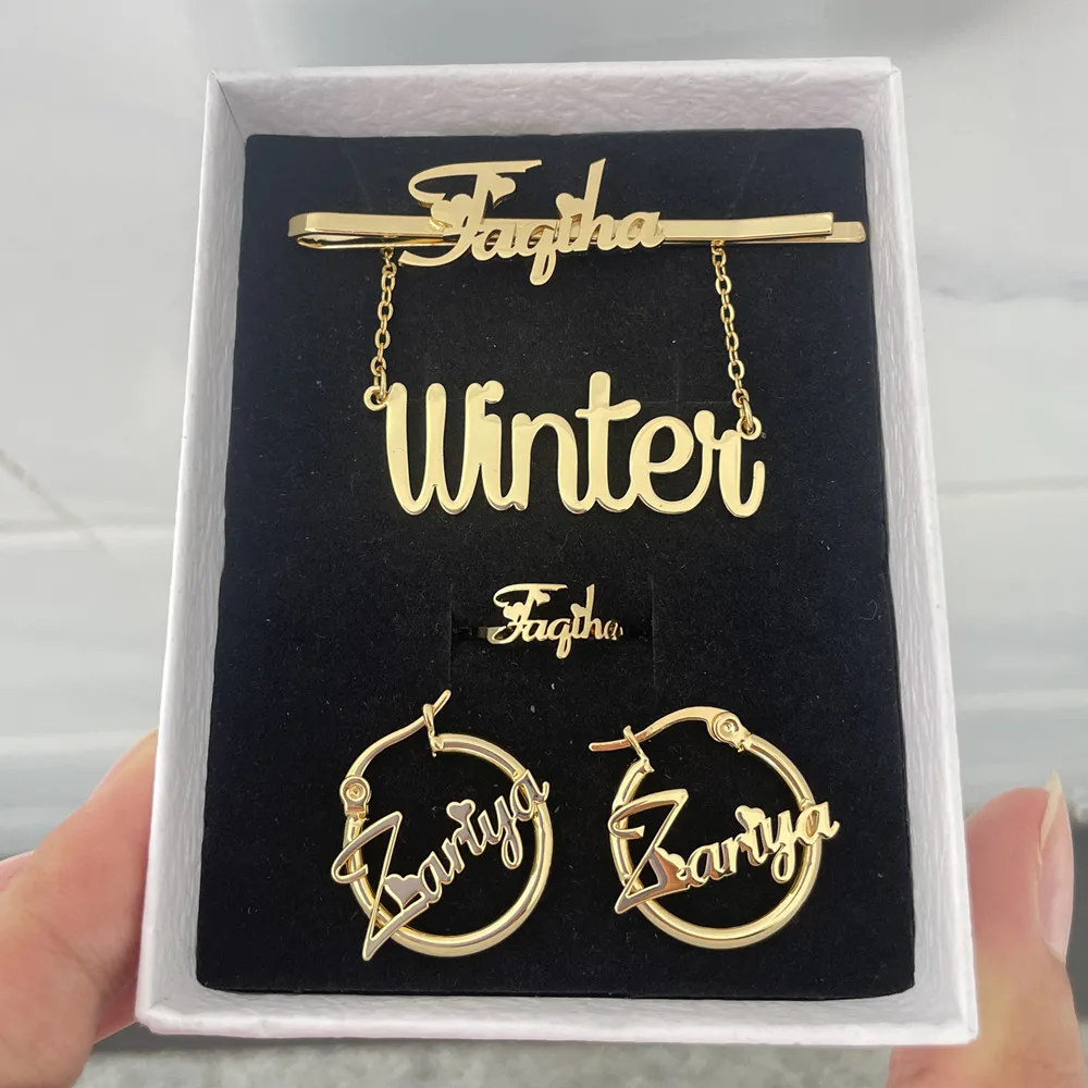 

3UMeter Kid Custom Name Jewelry 4 pcs Set Nameplate Necklace Hairpin Ring 20mm Mini Hoop Earrings Children Birthday Gift