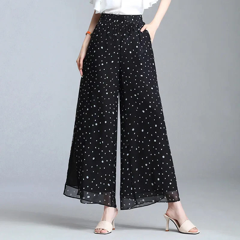 

High Quality Chiffon Pants Women Casual Dot Print Wide Leg Pants Summer Vintage Elastic Waist Trousers Skirt Korean Beach Bottom