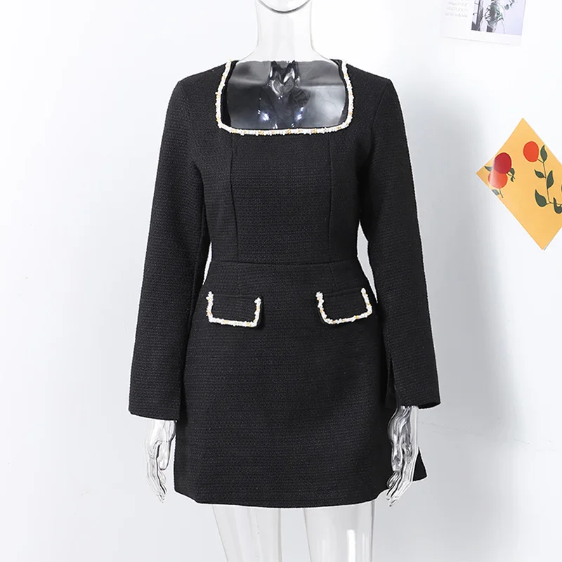 Elegant Tweed Short Party Dress Women Long Sleeve Square Collar Fake Pocket Evening Dresses Autumn Shiny Slim A-line Robes