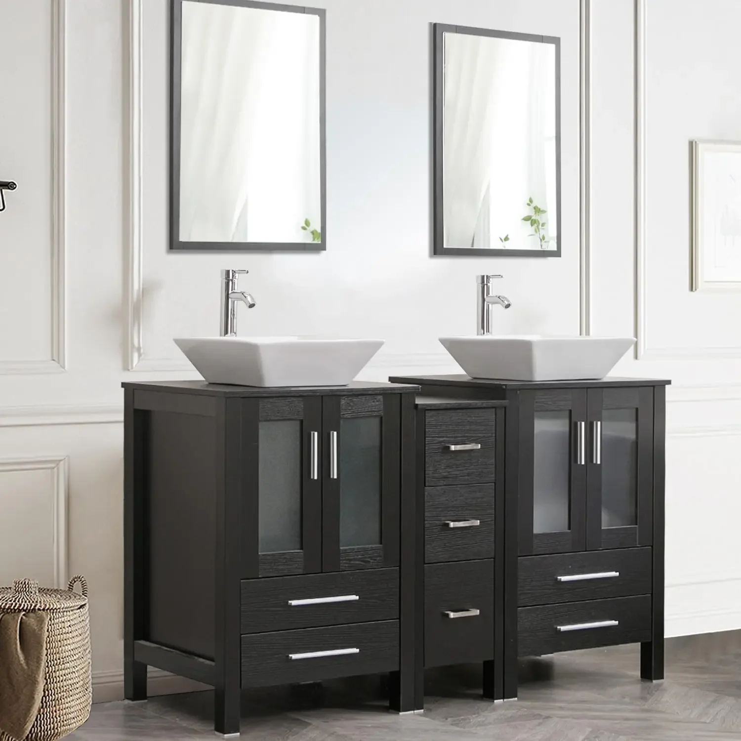 Double Vanity(2 * 24 Vanity 2* Porcelain Vessel Sink Combo(Square) 1 * 12" Side Cabinets) Double Bathroom Vanity Top 3