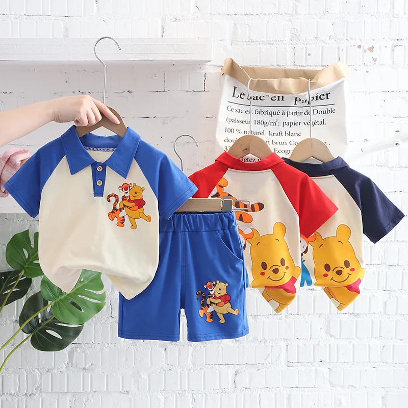 

Disney Winnie The Pooh Children's Suit Baby Boys Girls Summer Lapel T Shirt Cartoon Shorts 2Piece Set Toddler Kids Clothing Suit