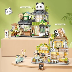 Creative Panda Tea House Little Bear Flower Cafe Shop Mini Folding Street View Building Block DIY Home Decor Toys For Kids Gifts