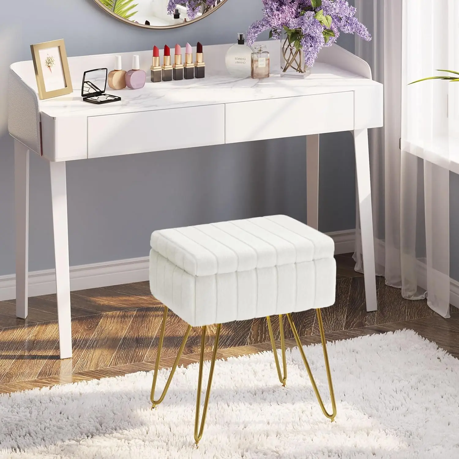 

Vanity Chair Faux Fur with Storage, 15.7"L x 11.8"W x 19.4"H Soft Ottoman 4 Metal Legs, Furry Padded Seat, Bedroom White