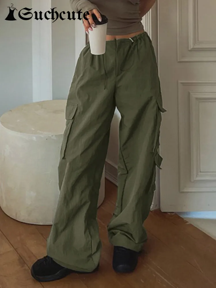 

SUCHCUTE Streetwear Cargo Baggy Pant Women Low Waist Solid Streetwear Casual Baggy Trousers Harajuku Aesthetic Wide Leg Pants