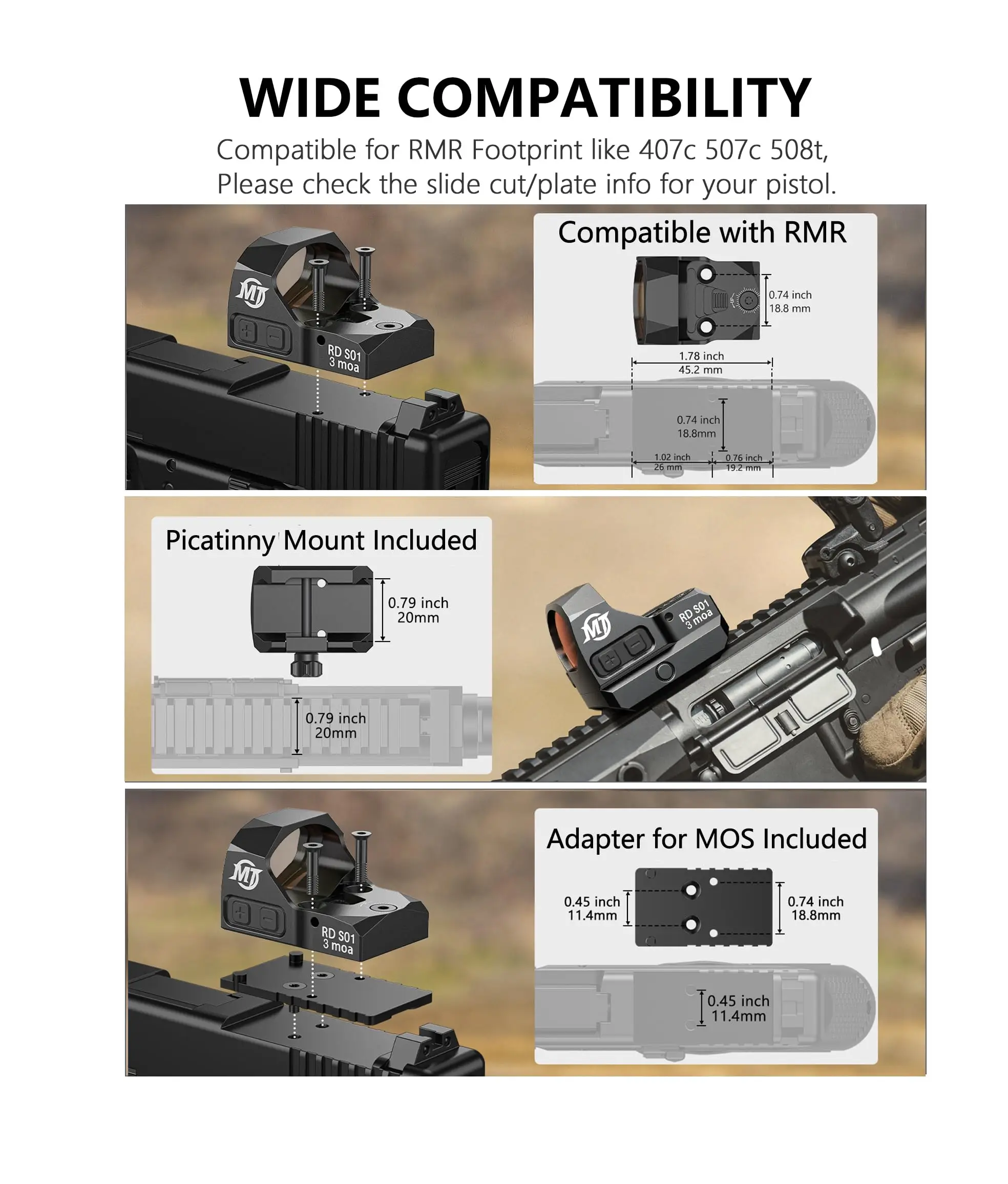 Airsoft Shake Motion Awake Red Dot Sight For RMR GL MOS Picatinny 3 MOA Pistol Optics 28mm Large Aspheric Lens Shockproof