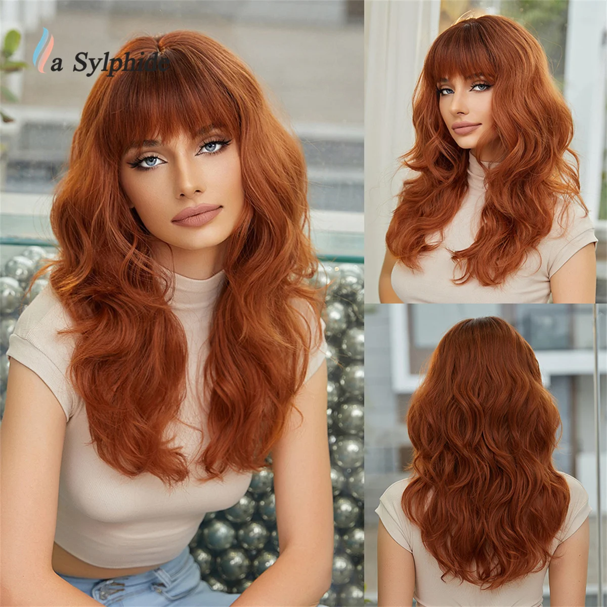 

La Sylphide Red Orange Wig with Bangs for Woman Long Wavy Wigs High Quality Synthetic Wigs Party Cosplay Hair High Density