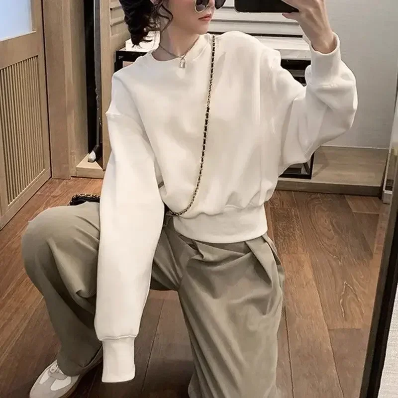 FA632 2024 Autumn New Women's Solid Color Hoodie Short Hoodie Women's Small Loose Long Sleeve Round Neck Top 2