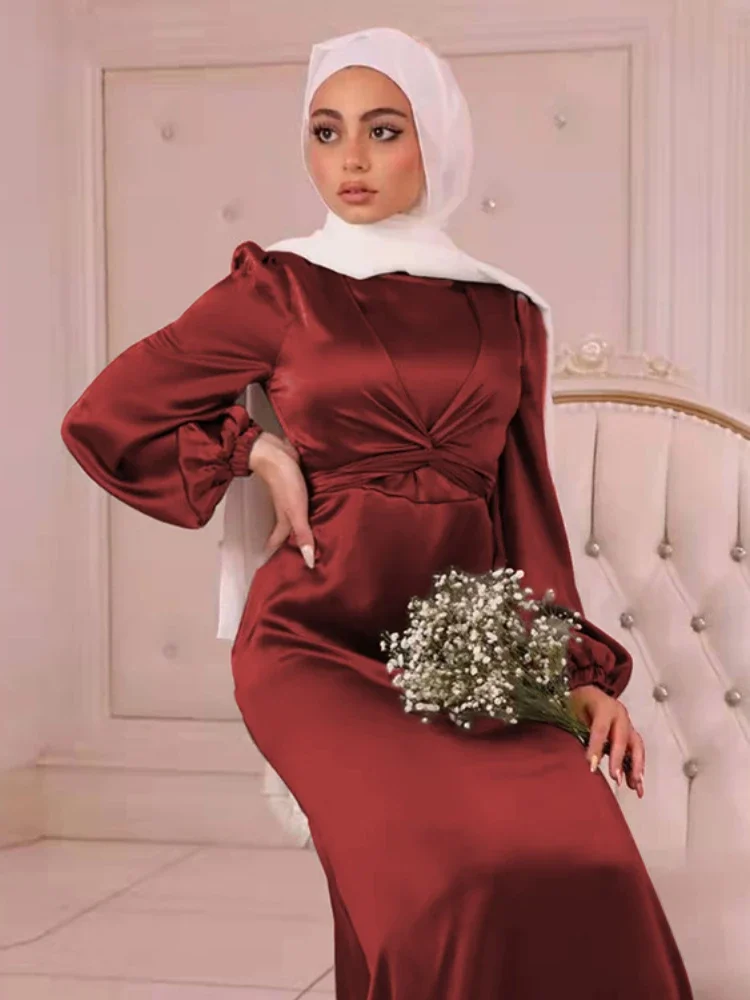 Satin Abaya Dress Ramadan EID Abayas for Women Dubai Party Muslim Dresses Turkey Islam Clothes Hijab Kaftan Robe Femme Musulmane
