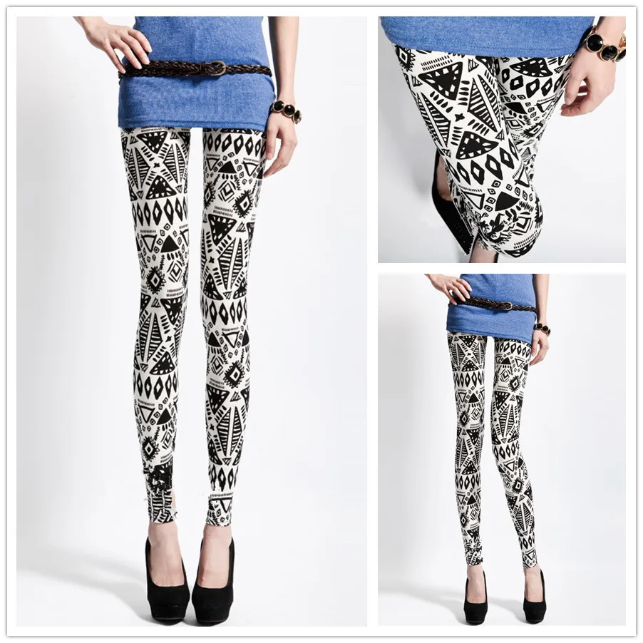 Stylish Personality Black White Geometric Graphic Women's Printed Leggings Polyester Hottie Sexy Slim-Fit Cropped Pants