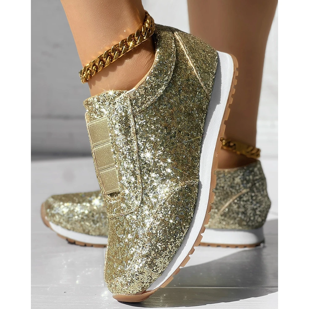 Women Bling Sequin Decor Round Toe Platform Sneakers Autumn Women Casual Daily Flats Shoes 2024 Korean Style Spring Autumn