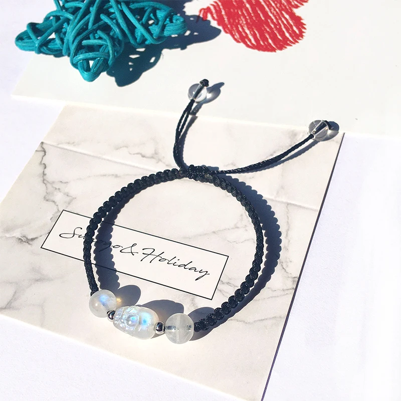 

Natural Moonstone Pixiu Handmade Braided Rope Lucky String Bracelet Adjustable Jewellery For Women Fashion Healing Wealthy Acces