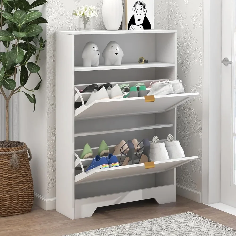 

Slim Shoe Cabinet With 2 Flip-out Drawers and Open Shelves Shoes Storage 3-tier Wooden Shoe Rack for Hallway Apartment Organizer