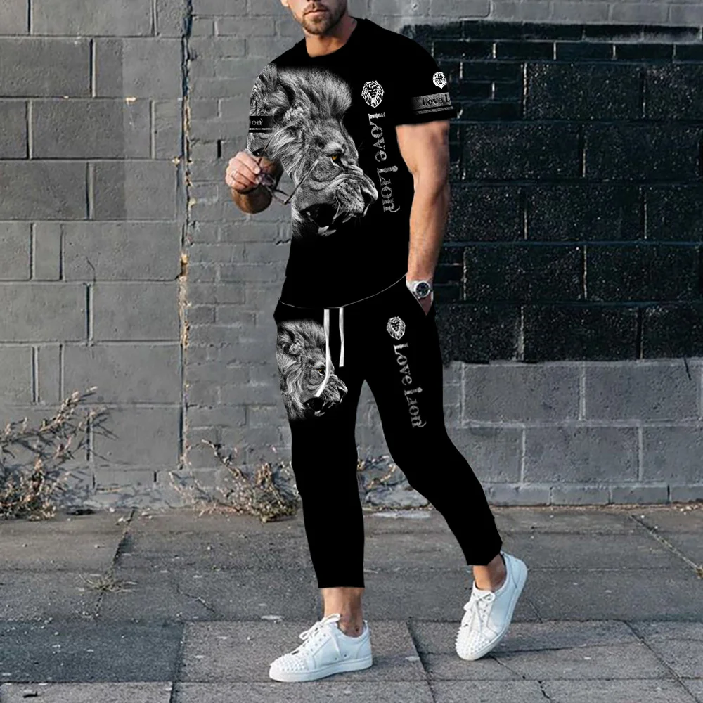 2023 Men's Clothing Tracksuit Set 2 Piece Sports Suit 3d Print Summer Casual Men Sets Outfits Short Sleeves T-shirt+Pants short sports suit men breathable fitness sets summer striped jogger tracksuits f2177 short sleeves and shorts with pockets