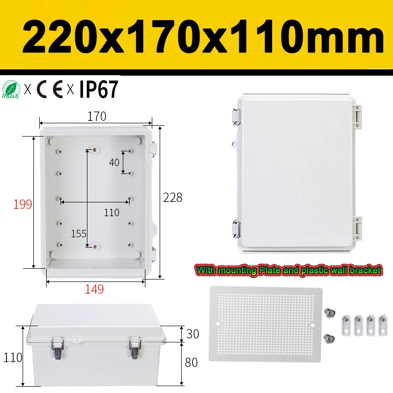 PCA - Caja de conexiones con cierre con tapa con bisagras, caja eléctrica  TC de 8.6 x 6.7 x 4.3 pulgadas, IP67 resistente al polvo, cajas de plástico