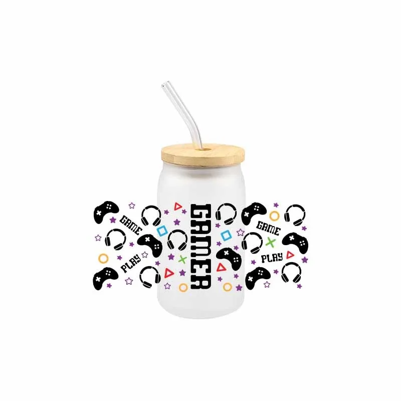 3D UV DTF Gamer Life Tarnsfer Sticker Wraps Cup 16 OZ Glass Cup High Quality Waterproof Sacrch Decals
