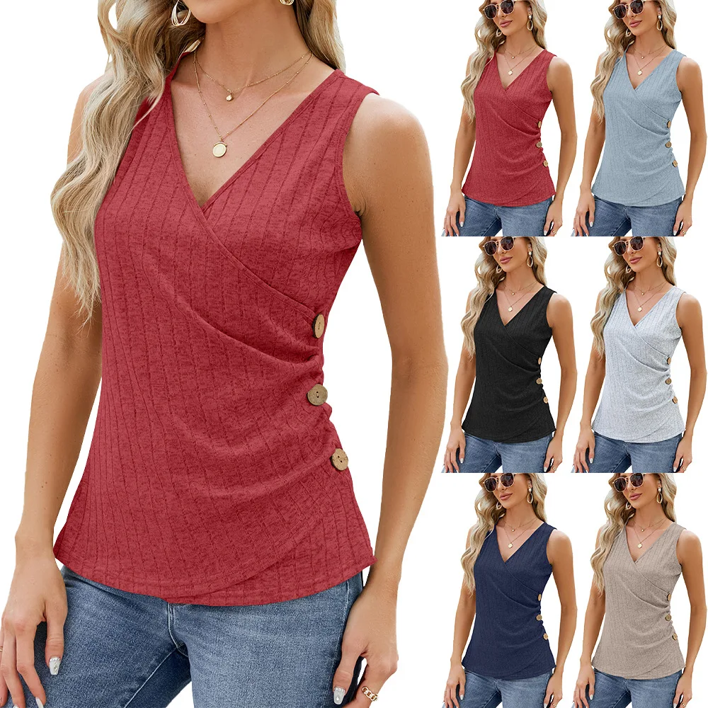 Monochromatic V-Neck Sleeveless Vest for Women, Casual T Shirt, Button, Spring and Summer