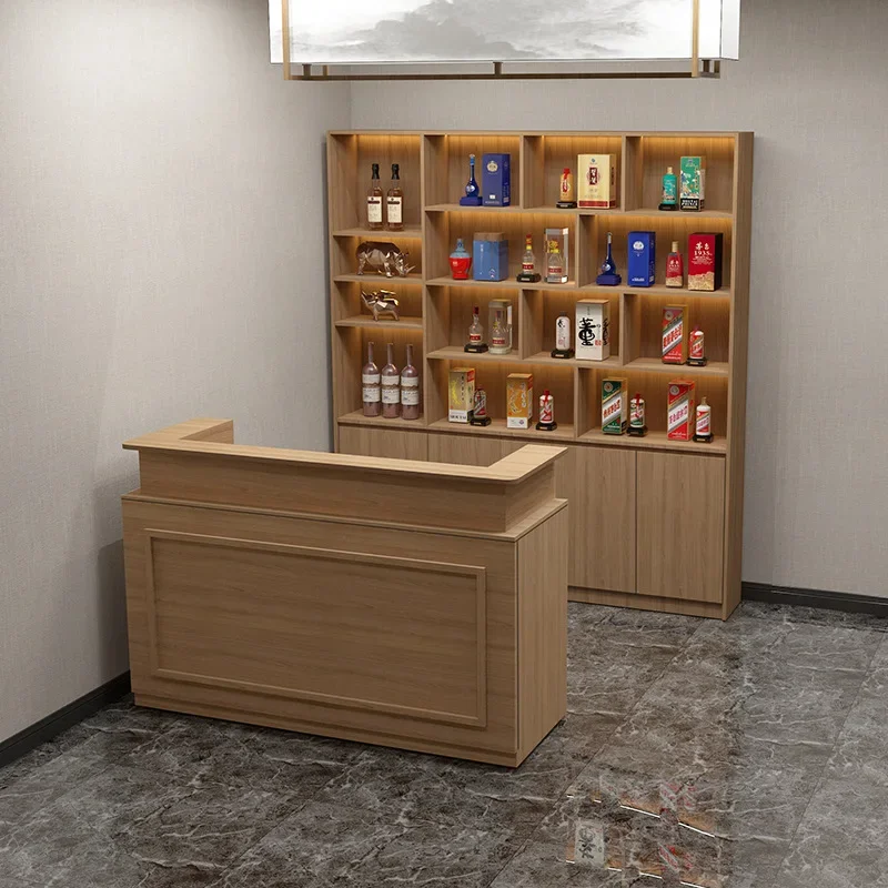 Commercial Checkout Counter with Wine Cabinet, Chinese Vintage Reception Desk, Support Customization, Suitable for Restaurants