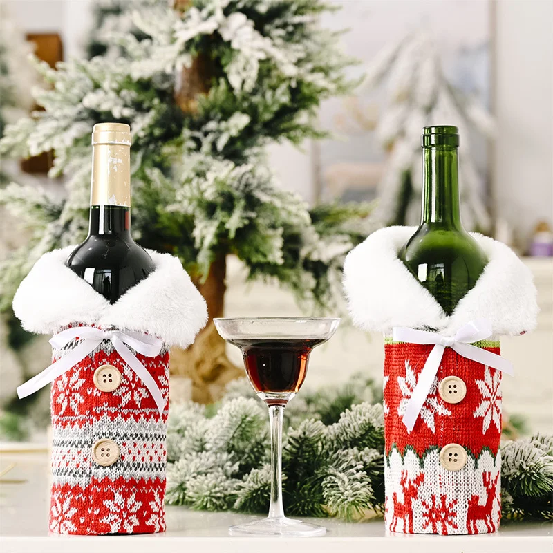 Description Picture 2 of itemChristmas Red sweater Wine Bottle Cover Christmas Decorations for Home Knitted snowflake Wine bottle bag Xmas Gifts Table Decor