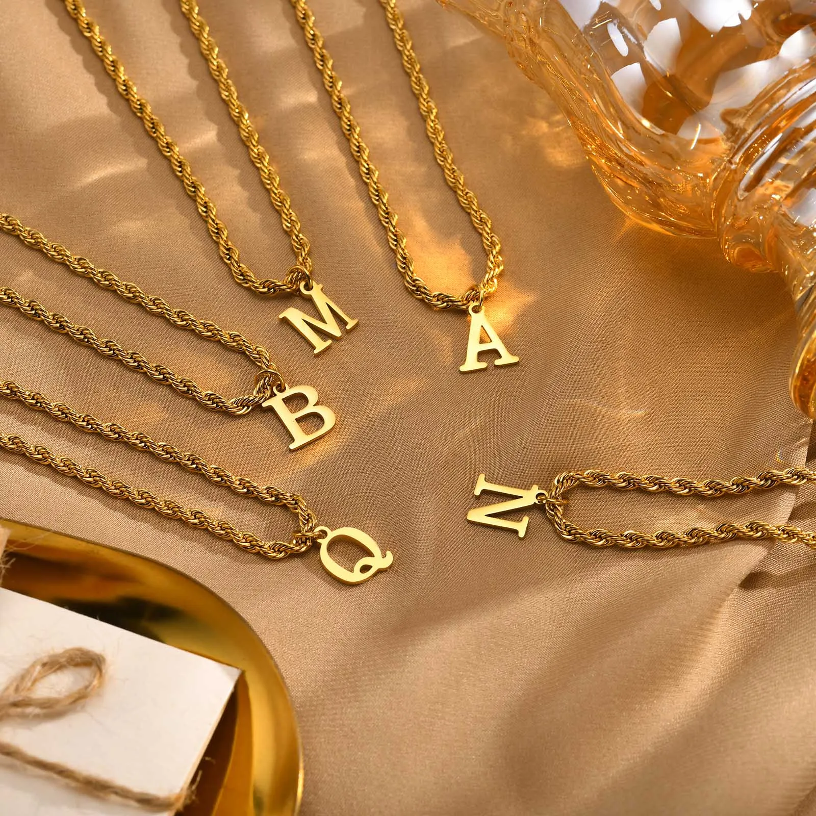 Vnox Unisex Stainless Steel Initial Necklace with Twisted Rope Chain