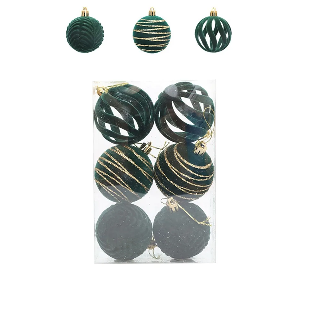 Juego de 6 bolas navideñas de 6 cm con flocado, bolas navideñas pintadas de plástico rojas, verdes y blancas, elegantes colgantes de terciopelo