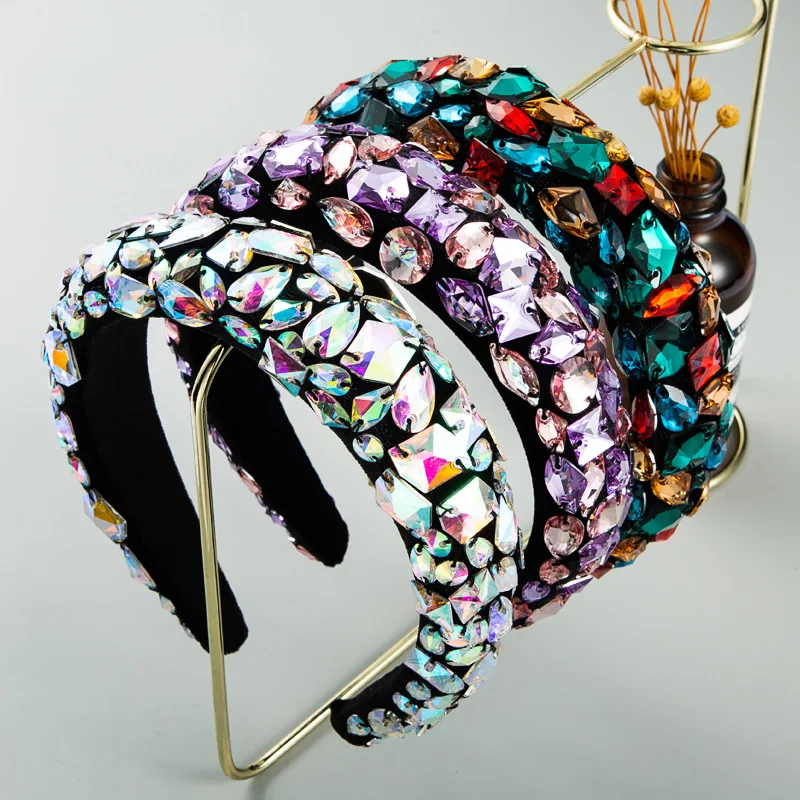 

Baroque Fashion Golden Velvet Hair Band Women's Mesh Red Color Full Diamond Handmade Headwear Wide Edge Headband