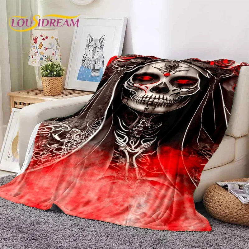 Skull Dead Girl 3D Gothic Horror Female Rose Soft Flannel Blanket Throw Blanket Comfortable Blanket for Picnic Beds Home Bedroom