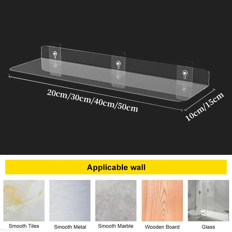 Storage Rack Acrylic Shelf Clear Wall Mounted Thick Transparent Floating Display Stick Bathroom Kitchen Ledge Organizer 20-50cm 6