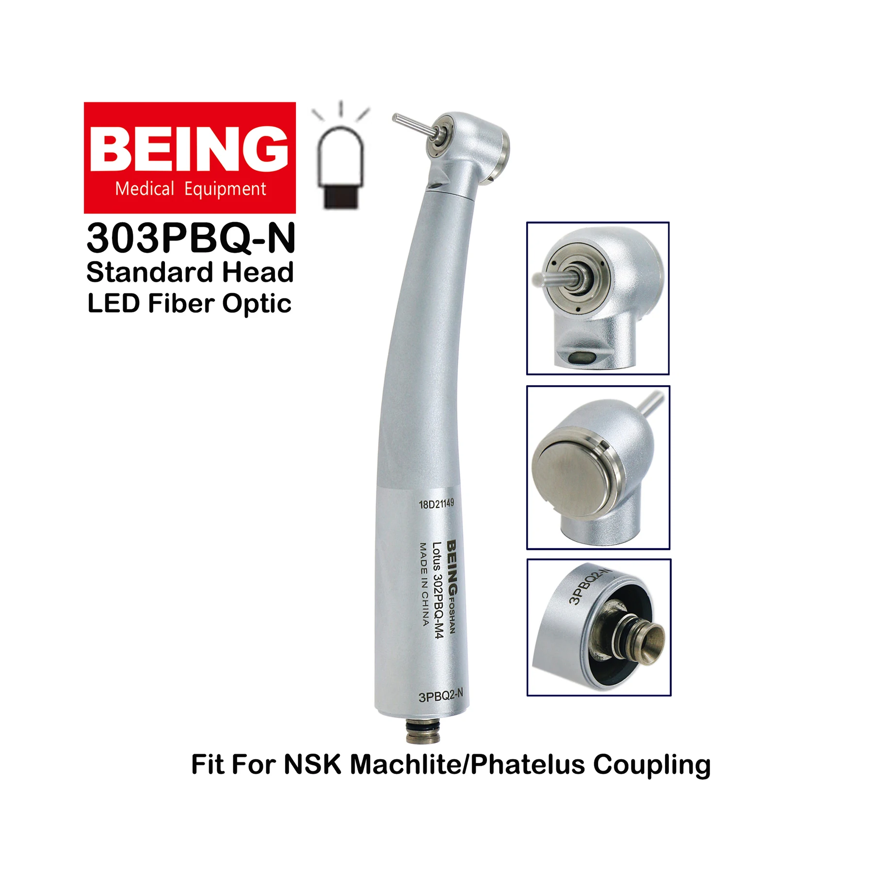 

BEING Dental Fiber Optic High Speed Standard Head Air Turbine LED Handpiece 303PBQ-N Fit NSK Phatelus Machlite Coupling 6Pin