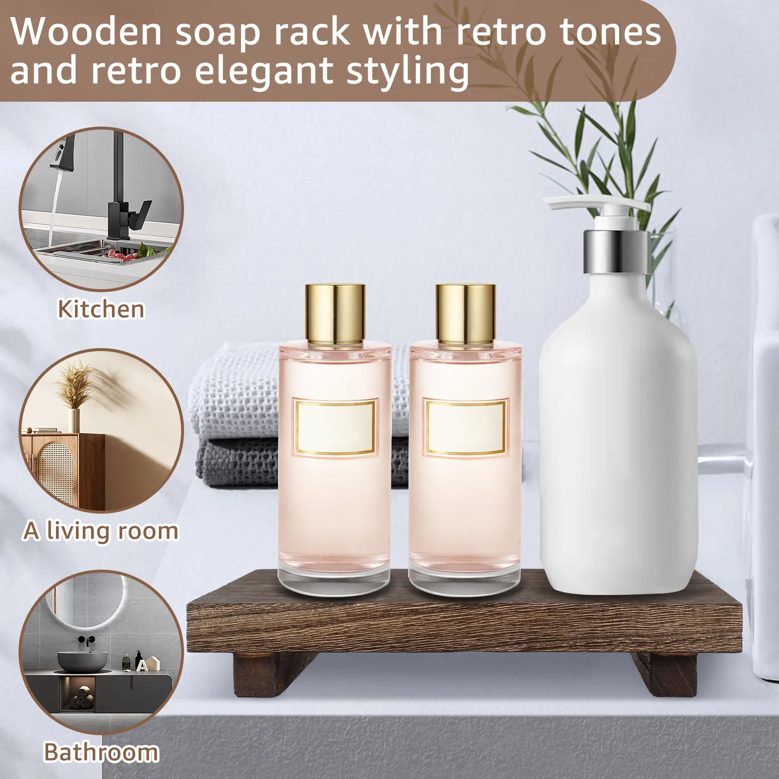Wood Pedestal Stand Anti-Slip Riser Soap Tray Farmhouse Wooden Vintage Kitchen Bathroom Counter Decor Sink Tray Candle Plant 3