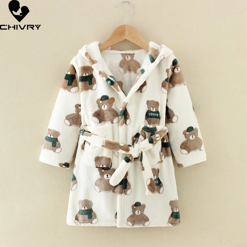 Autumn Winter Kids Hooded Flannel Bathrobe Baby Bath Robes Boys Girls Cartoon Dinosaur Warm Pajamas Long Sleeve Towel Robe