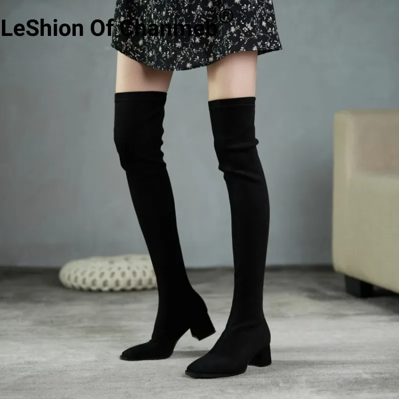 

LeShion Of Chanmeb Women Stretch Suede Thigh High Boots Block Heels OverKnees Boots Slip-on Winter Woman Nude Square Toe Shoe 43