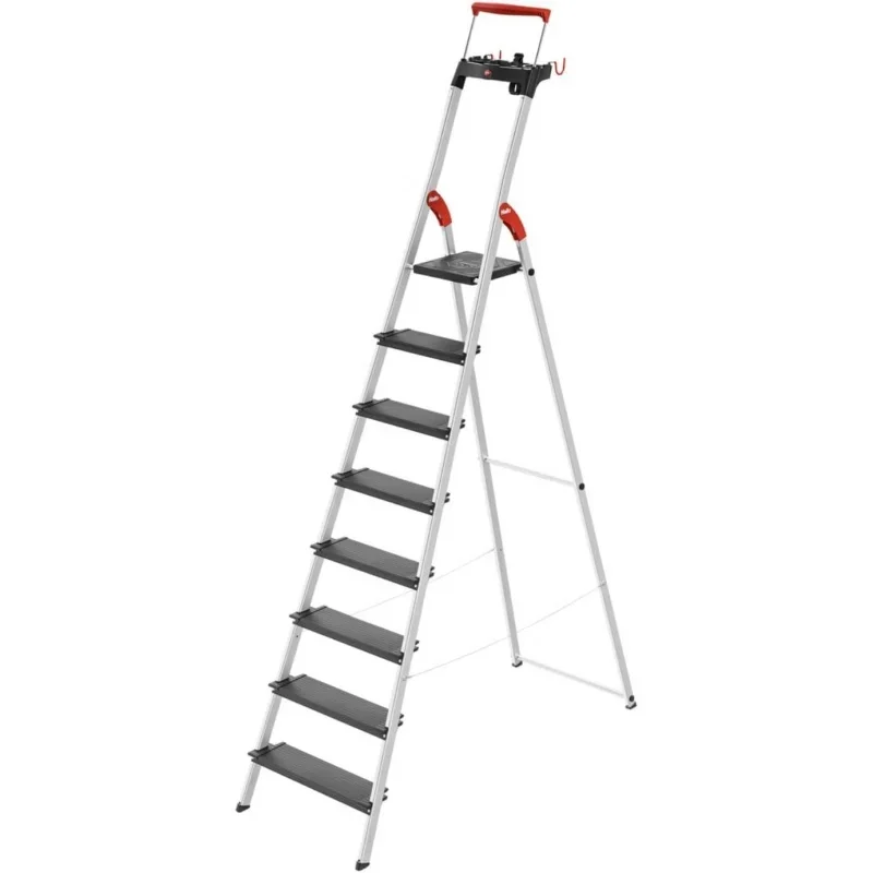 

Hailo L100 Pro | Aluminum Folding Stepladder | Eight Steps | Extendable Safety Rail | Integrated Multifunctional Storage Tray |