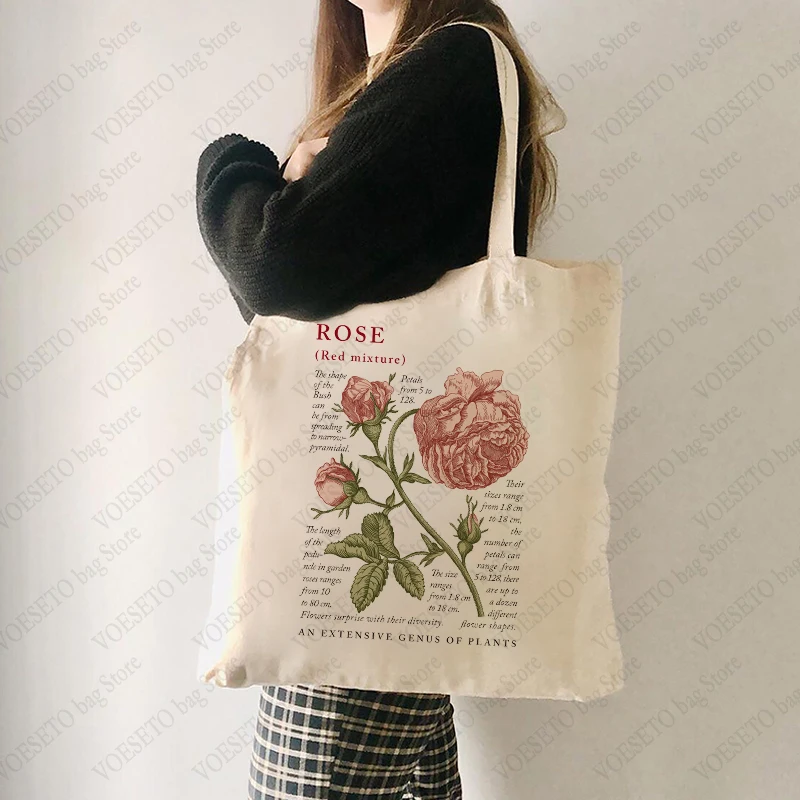

Rose Floral Tote Bag Cute Botanical Print Canvas Totes Flowers Reusable Shoulder Bags Back To School Gift Canvas Shopping Bags