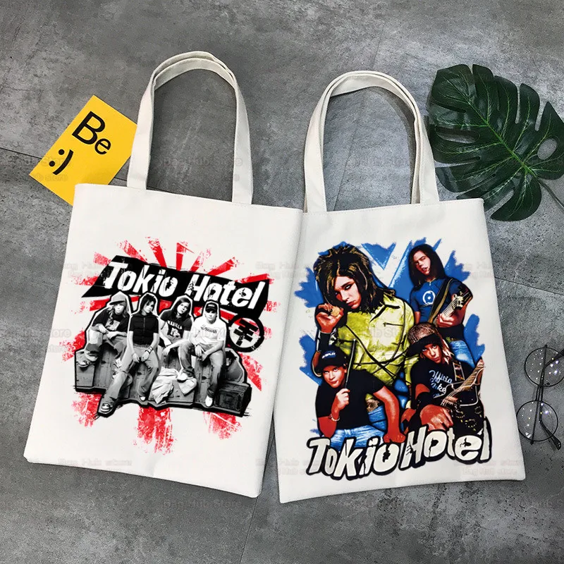 토키오 호텔 그룹 록 뮤직 Y2K 미학적 토트백, 유니섹스 캔버스 백, 쇼핑백, 프린트 캐주얼 숄더백, 접이식 