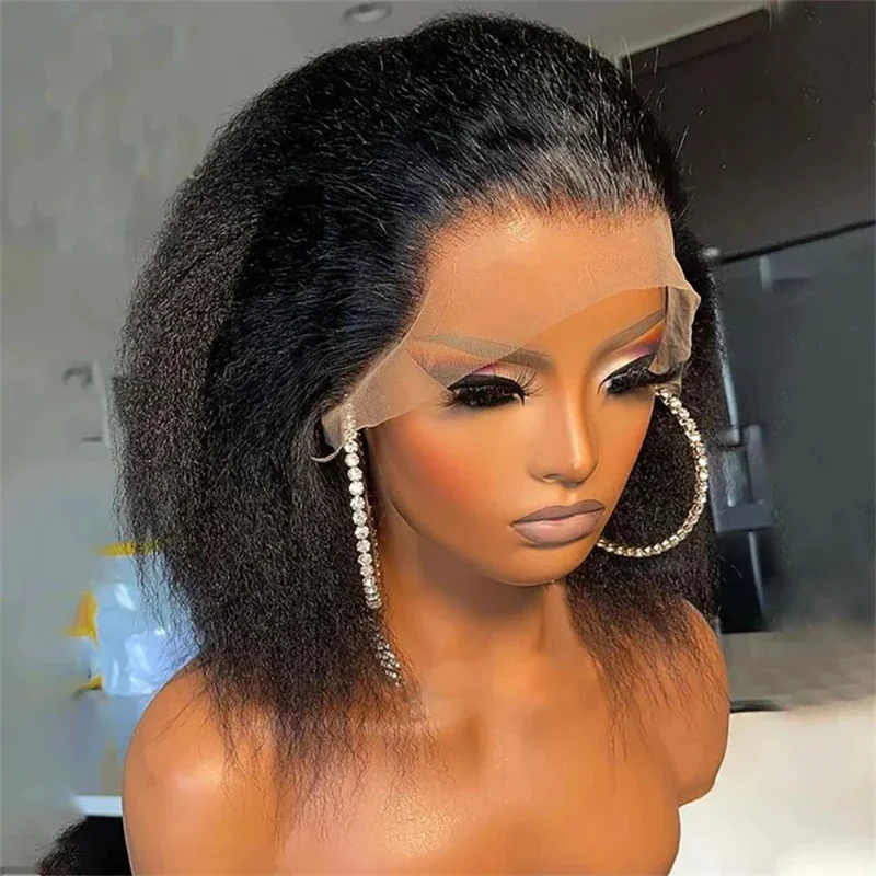 

Soft Short 16Inch Natural Black Yaki Kinky Straight Lace Front Wig For Women With Baby Hair Synthetic Preplucked Glueless Daily