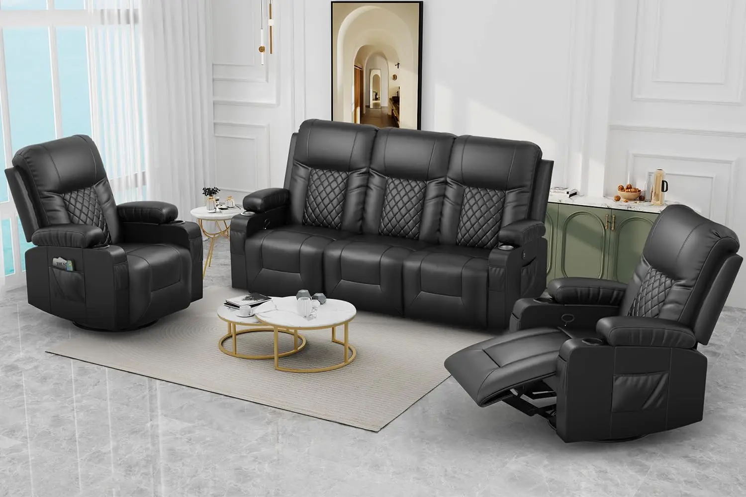 Recliner Sofa Set with 3+1+1 Pieces in Living Room, 3 Seater Reclining Sofa, 2 Recliner Chair