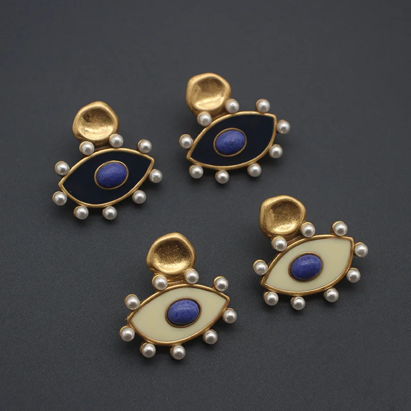 

European and American fashion Vintage Devil's Eye Enamel Stone Pearl Earrings