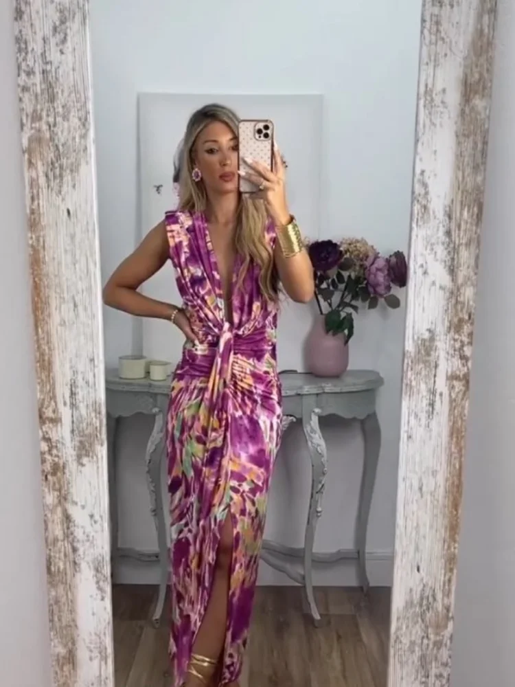 

Женское модное облегающее платье миди с наполнителем и разрезом, пикантное плиссированное платье без рукавов с глубоким V-образным вырезом, лето 2024, женское шикарное платье