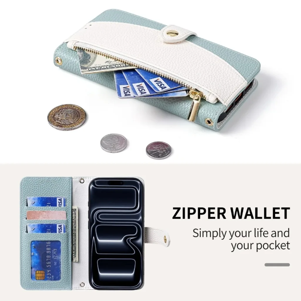 Elegant Leather Crossbody Wallet Phone Case with Zipper Card Holder and Lanyard Strap