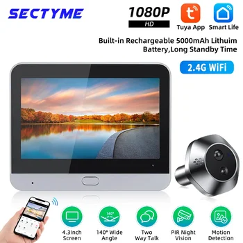 Campanello per porta con telecamera spioncino Smart Life Tuya WiFi 140 °   Rilevatore di movimento PIR con batteria 1080P 5000mAh Visualizzatore digitale IR Conversazione bidirezionale