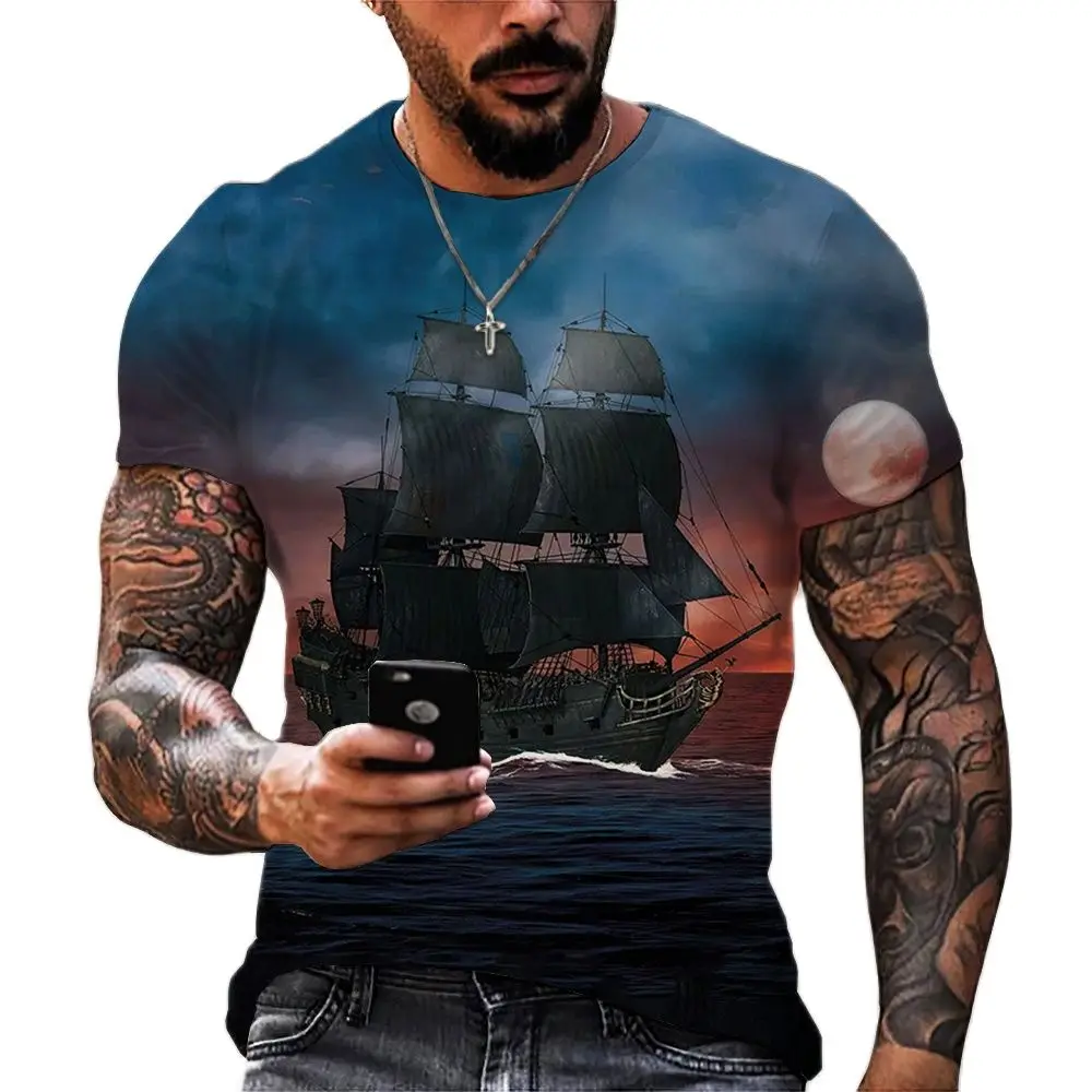 

Retro Men's Sailboat T-shirt, Round Neck Short Sleeved Street Clothing, Retro Printing, 3D Casual Personality Trend, Summer Fash