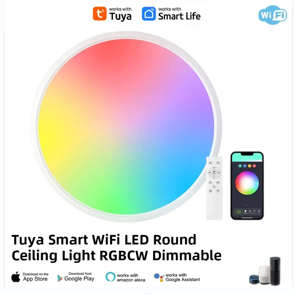 TUYA 스마트 와이파이 LED 천장 조명, 원형 RGBCW 조도 조절 앱, 알렉사 구글 홈 침실 거실 주변 조명 호환 