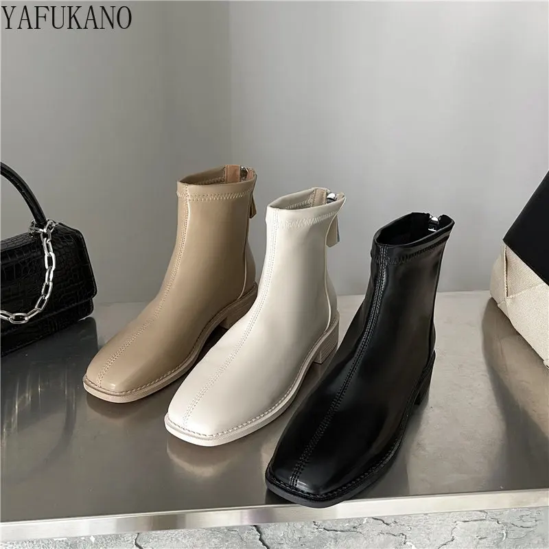 

Модные ботильоны на массивном каблуке, минималистичные короткие ботинки из искусственной кожи с квадратным носком и молнией сзади, удобные женские ботинки на низком каблуке