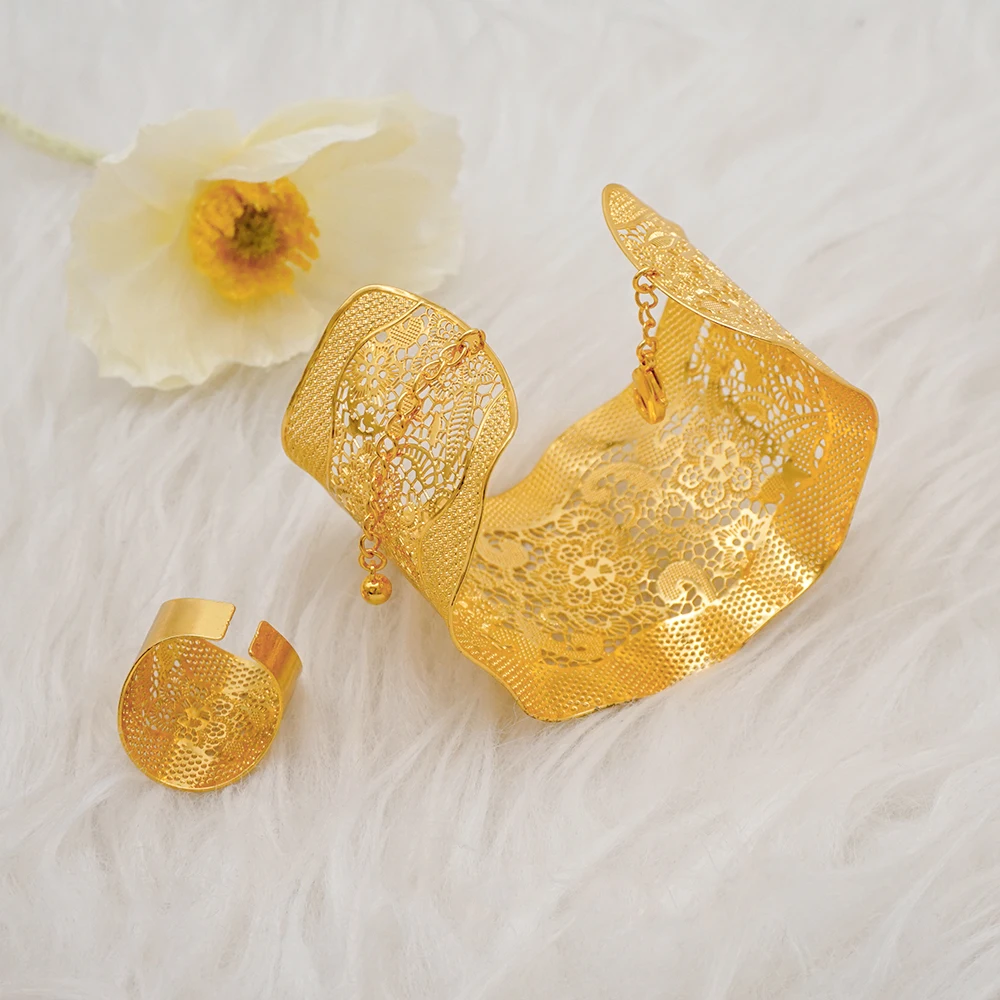 Light Weight Indian Bangles With Ring For Women African Arabic Charm Dubai Gold Color Bracelet Jewelry Nigerian Wedding Gift